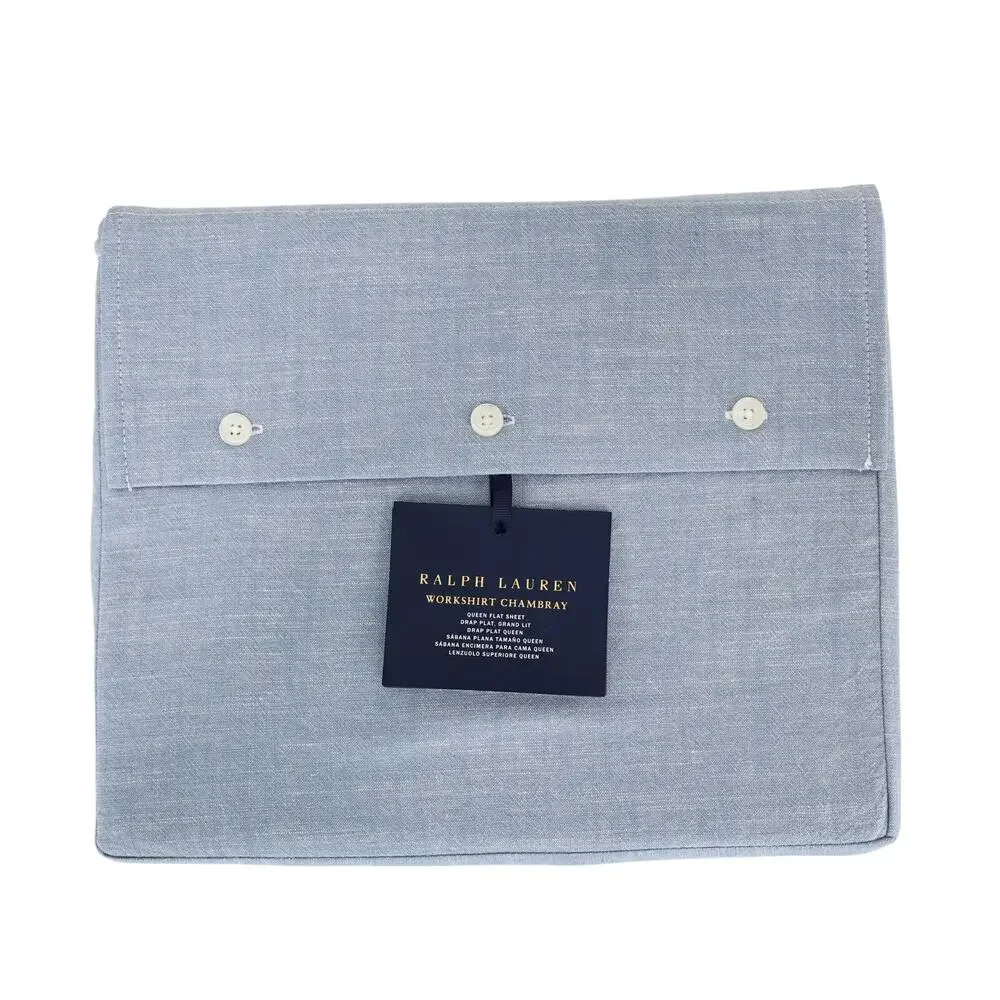 Ralph Lauren Bedding Workshirt Chambray Blue Flat Cotton Queen Sheet NWT
